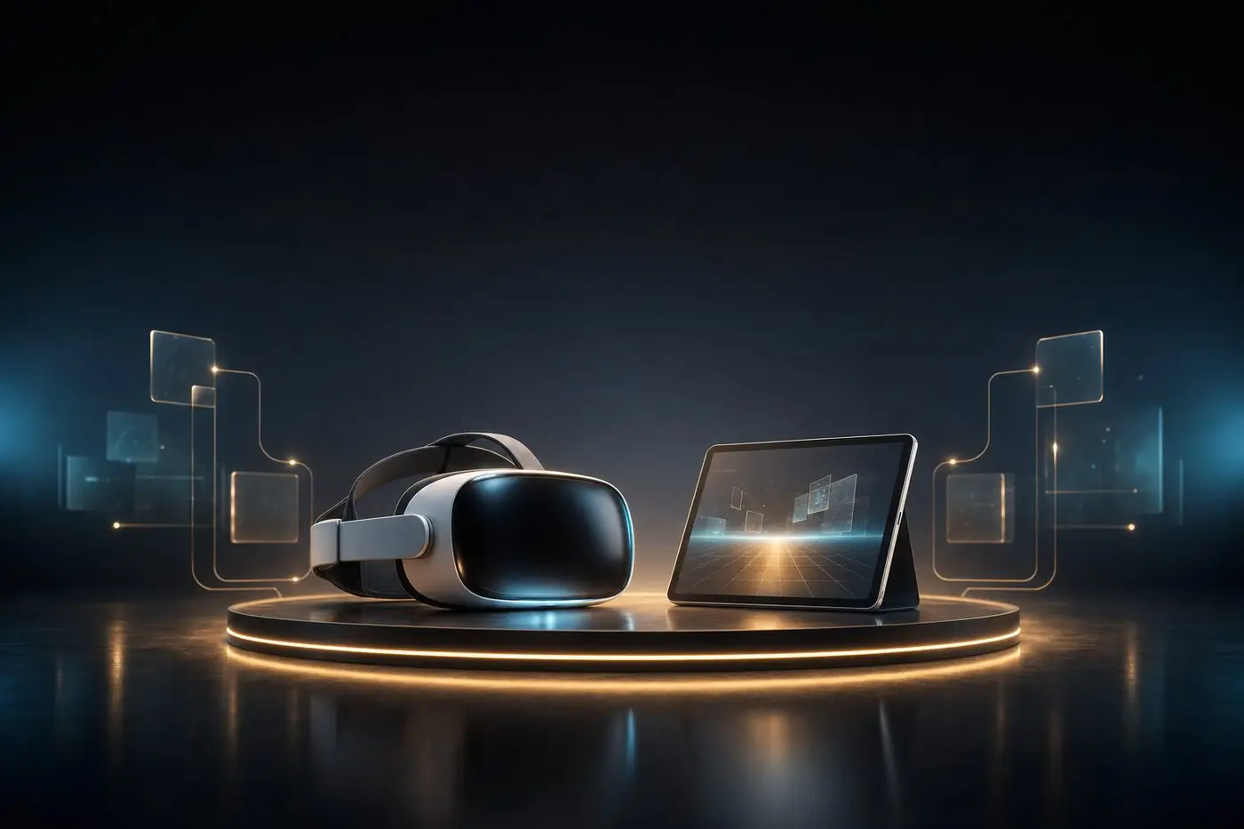 Un visor de realidad virtual y una tableta, uno al lado del otro sobre un podio iluminado.