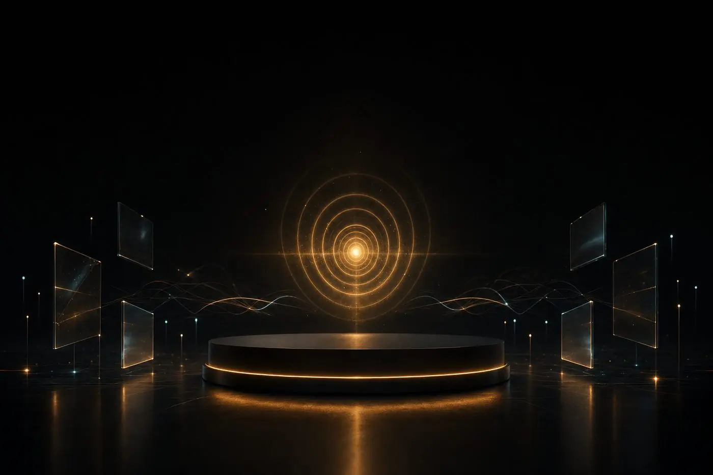 Anillos de luz cálida abriéndose desde un punto, como una onda de sonido vista de frente.